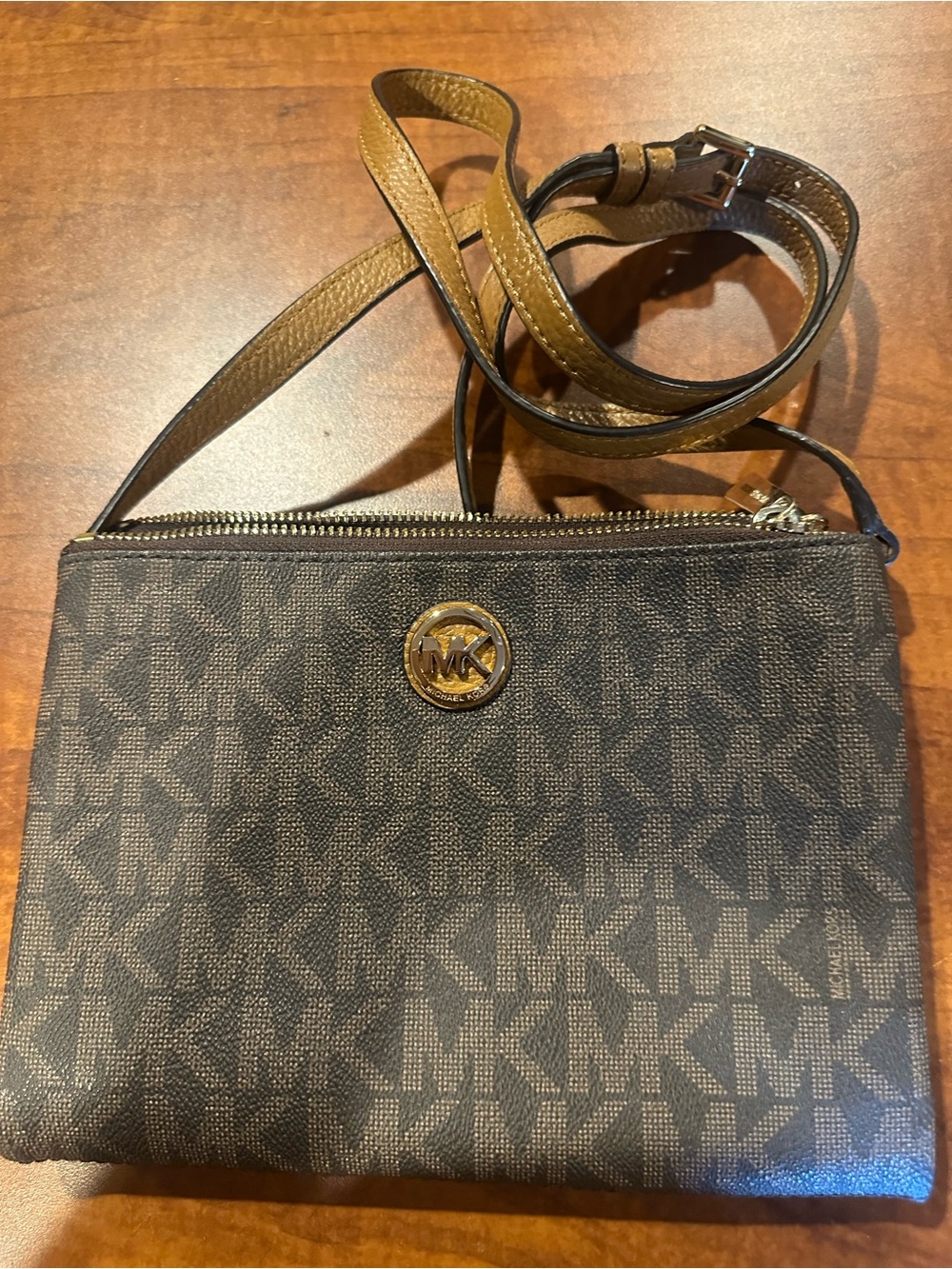 Michael Kors Dark Brown MK Logo Crossbody with Gold Accent